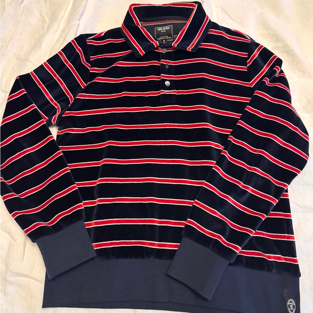 Todd Snyder Striped Velour Polo in Original Navy